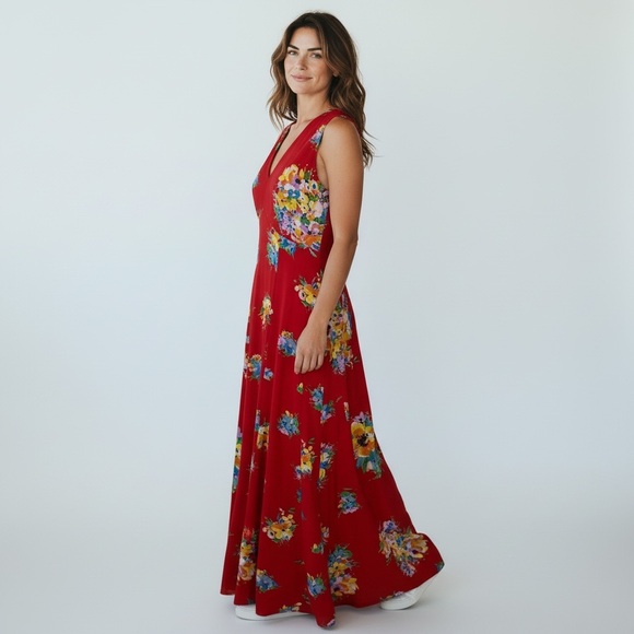 red midi dress flowy Radiant Reverie Red Linen Midi Dress